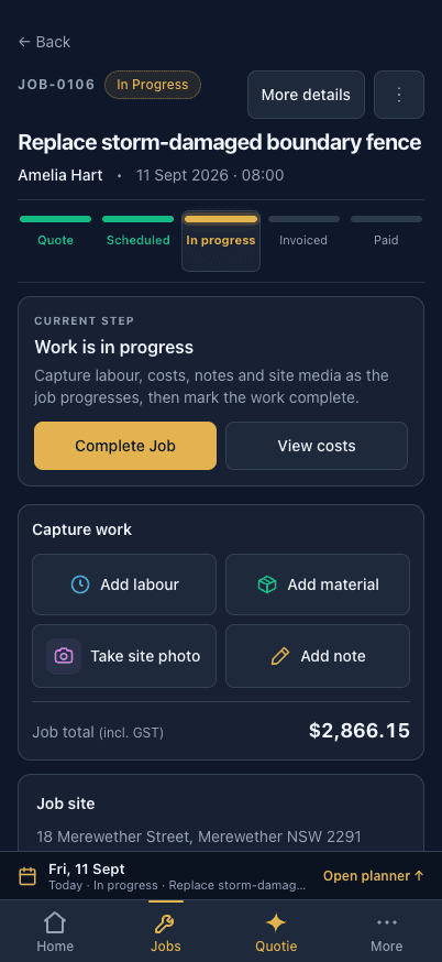 QuoteHub mobile job view with job progress and on-site capture tools